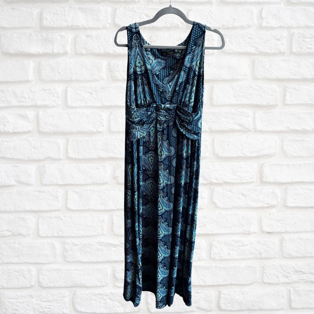 Zinzane Paisley Scoop Neck Maxi Dress Blue Green Stretchy Boho Long Dress Medium